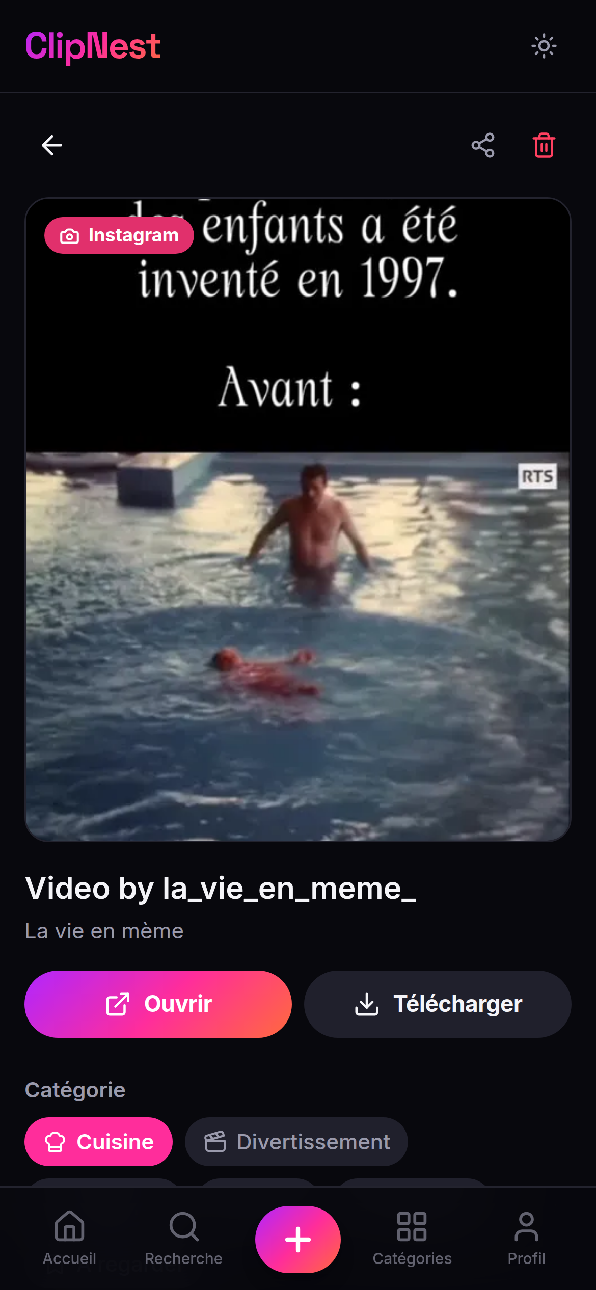 Page d’un clip dans ClipNest