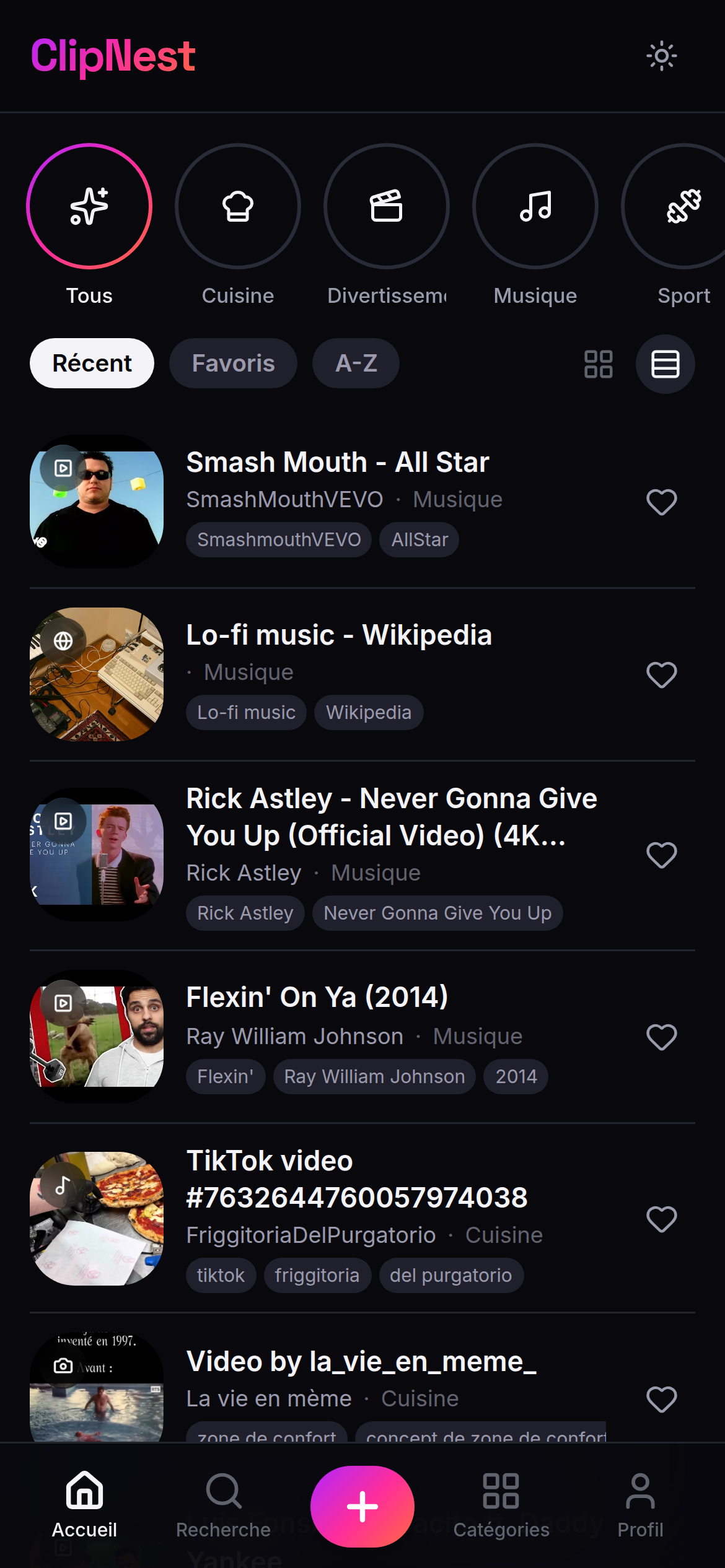Vue liste de ClipNest